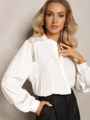 Biała Koszula z Wiskozy ze Stójką i Koronkowymi Wstawkami przy Ramionach Meami retro & icone