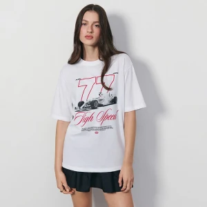Biała koszulka loose fit z nadrukiem High Speed House