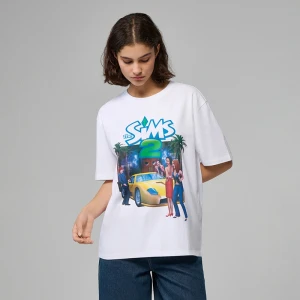 Biała koszulka loose fit z nadrukiem The Sims 2 House