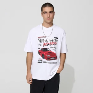 Biała koszulka z nadrukiem czerwonego samochodu House