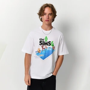 Biała koszulka z nadrukiem The Sims 4 House