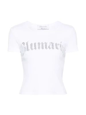 Biała koszulka z ribem i logo z kryształkami Blumarine