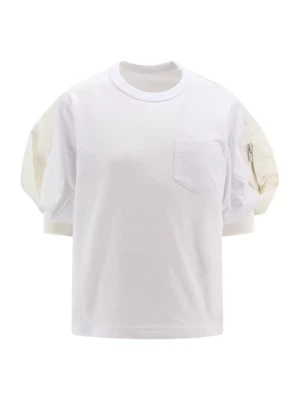 Biała koszulka z żebrowaniem i kieszenią na zamek Sacai