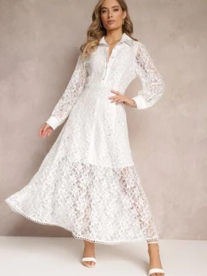 Biała Koszulowa Sukienka Maxi z Ozdobnymi Guzikami i Cyrkoniami z Koronkowej Tkaniny Armina elsa.m by may