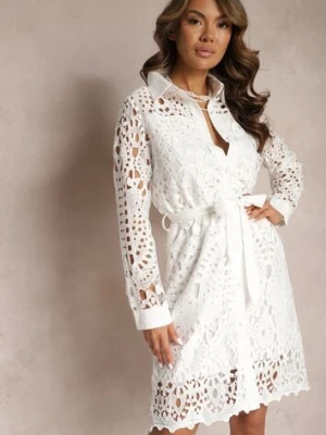 Biała Koszulowa Sukienka Mini z Ażurowej Koronki i Paskiem Norila elsa.m by may