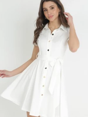 Biała Koszulowa Sukienka Mini z Guzikami i Materiałowym Paskiem Idophira