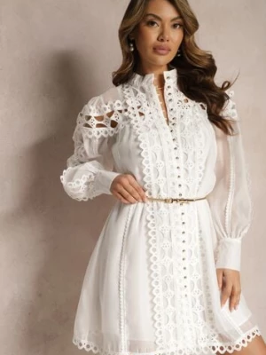 Biała Koszulowa Sukienka Mini z Paskiem Zdobiona Koronką Organdi lovery