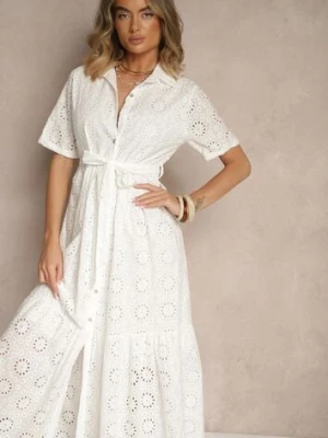 Biała Koszulowa Sukienka z Bawełny z Wiązanym Paskiem i Haftowanymi Zdobieniami Efronelle m&d fashion