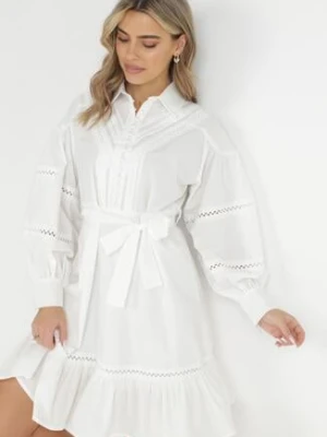 Biała Koszulowa Sukienka z Bufiastym Rękawem i Ażurowymi Wstawkami Staples elsa.m by may