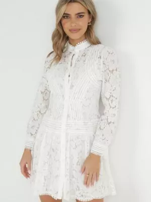 Biała Koszulowa Sukienka z Koronką Jolley