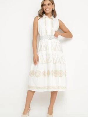 Biała Koszulowa Sukienka z Ozdobnym Haftem i Paskiem Mallivena allyson