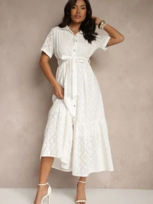 Biała Koszulowa Sukienka z Wiązanym Paskiem z Bawełnianej Tkaniny z Haftem Efrilea m&d fashion