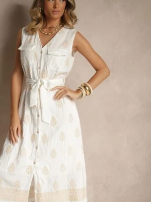 Biała Koszulowa Sukienka z Wiskozy Ozdobiona Paskiem i Haftami Aralova rosa