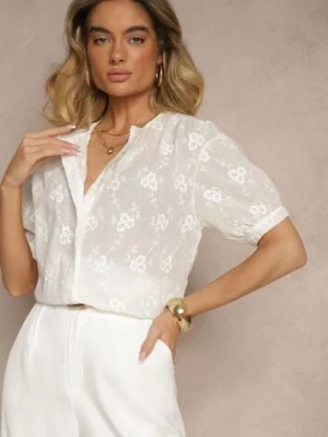 Biała Krótka Koszula z Bawełny z Krótkim Rękawem i Haftowanymi Zdobieniami Zeanoria cflo