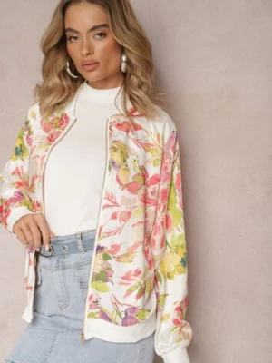 Biała Kurtka Bomberka w Kwiaty ze Ściągaczami Lirissa rosa