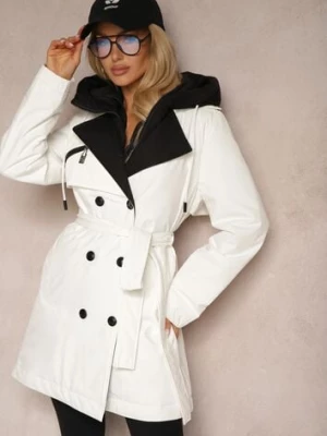 Biała Kurtka Dwurzędowa o Fasonie Płaszczyka z Kapturem Wiązana w Talii Erillen rosse line
