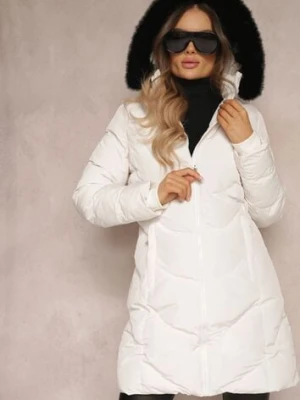 Biała Kurtka Pikowana do Kolan z Futrzanym Kapturem Biho h&s