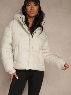 Biała Kurtka Puffer z Pikowaniem Kapturem i Kieszonką przy Rękawie Galeida swest