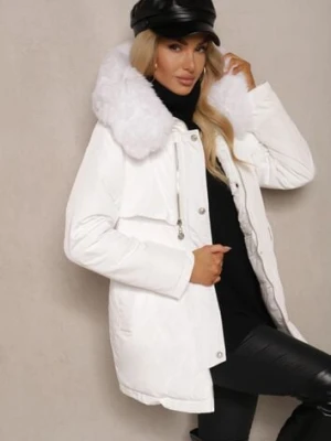 Biała Kurtka Wiązana w Pasie z Kapturem i Odpinanym Futerkiem Tintethia j.style
