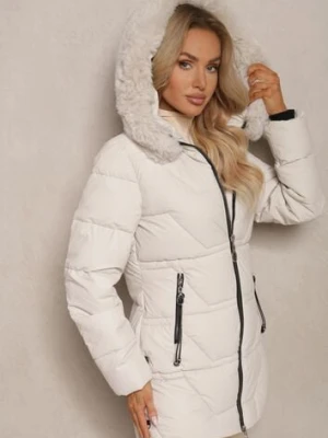 Biała Kurtka z Dwustronnym Suwakiem Zdobiona Pikowaniem i Odpinanym Futerkiem Inelline swest