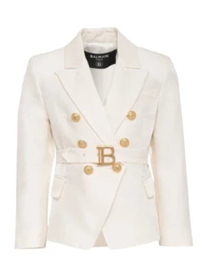 Biała kurtka z efektem laminatu i dopasowanym krojem Balmain