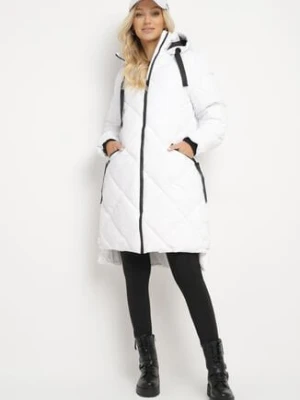 Biała Kurtka z Kapturem i Kieszeniami w Kraciaste Pikowane Przeszycia Ettaline