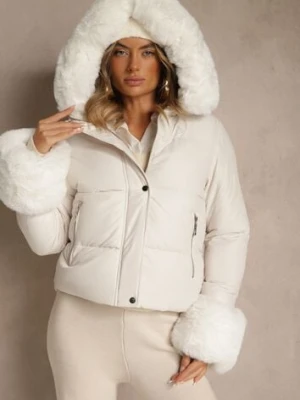 Biała Kurtka z Pikowanymi Przeszyciami i Futerkowymi Zdobieniami Olindea j.style