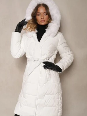 Biała Kurtka z Pikowanymi Przeszyciami i Kapturem z Futerkiem Wiązana w Pasie Attelisse j.style