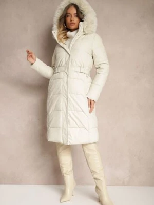 Biała Kurtka z Pikowanymi Przeszyciami i Kapturem z Futrem z Możliwością Odpięcia Innaia metro five
