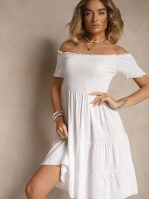 Biała Letnia Sukienka z Bawełny o Fasonie Hiszpanki z Rozkloszowanymi Falbanami Lorania defox
