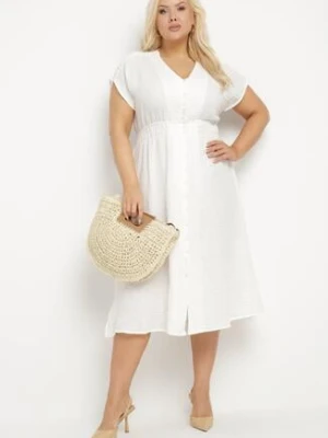 Biała Lniana Sukienka o Rozkloszowanym Kroju z Gumką w Talii Ageronna