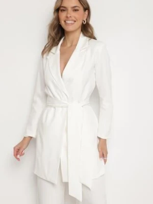 Biała Marynarka Sukienkowa z Paskiem i Usztywnionymi Ramionami Etinella tricot station