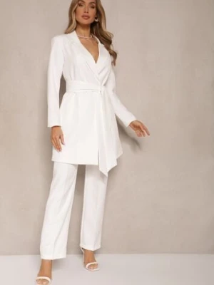 Biała Marynarka Sukienkowa z Usztywnioną Linią Ramion Wiązana w Talii Equintina tricot station