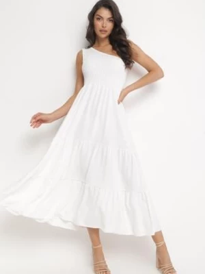 Biała Maxi Sukienka Asymetryczna o Rozkloszowanym Kroju na Jedno Ramię Byrecl
