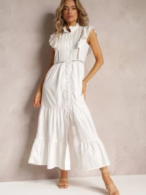 Biała Maxi Sukienka o Rozkloszowanym Fasonie z Zapięciem na Guziki i Haftami Adriyah elsa.m by may