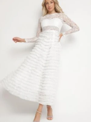 Biała Maxi Sukienka Rozkloszowana z Koronkową Górą i Tiulowymi Falbankami Firina elsa.m by may