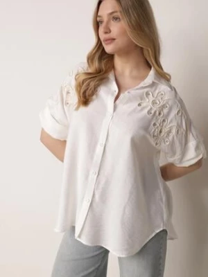 Biała Nietoperzowa Koszula z Wiskozy z Haftem i Podpinanymi Rękawami Jilyla j&x