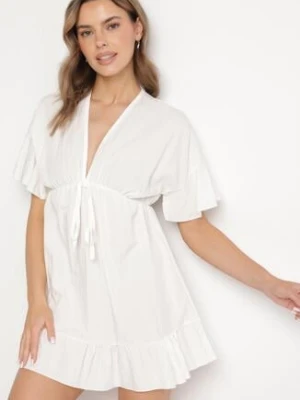 Biała Nietoperzowa Sukienka z Wiskozą o Rozkloszowanym Kroju z Falbanką Tullimi new collection