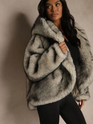 Szara Oversizowa Kurtka Futerko z Kapturem Venelle ann gissy