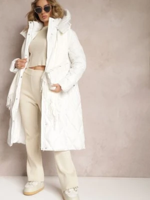 Biała Pikowana Kurtka Płaszcz za Kolano Wiązana w Pasie z Kapturem Klavsa ann gissy