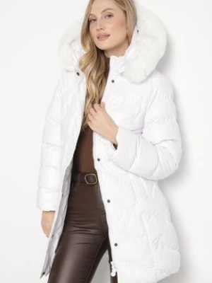 Biała Pikowana Kurtka przed Kolano z Kapturem i Futerkiem Salasa j.style