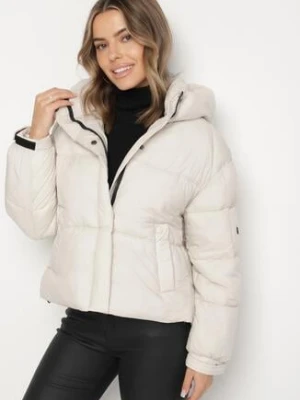 Biała Pikowana Kurtka Puffer z Kapturem i Kieszonką przy Rękawie Galieana swest