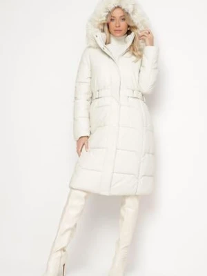Biała Pikowana Kurtka z Odpinanym Kapturem z Futerkiem Innalisse metro five