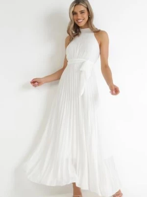 Biała Plisowana Sukienka Maxi z Gumką w Pasie i Rozkloszowanym Dołem Tehe
