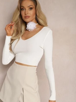 Biała Prążkowana Bluzka o Krótkim Fasonie Choker z Kwiatem w Komplecie Laindera