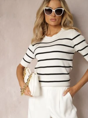 Biała Prążkowana Bluzka z Wiskozy w Paski z Ozdobnymi Guzikami na Ramionach Crea elsa.m by may