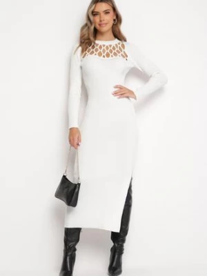Biała Prążkowana Sukienka Maxi z Ażurowym Wzorem i Wycięciem Zanelia