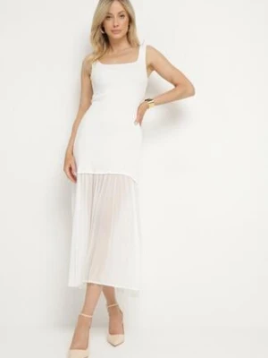 Biała Prążkowana Sukienka na Ramiączkach o Taliowanym Kroju z Tiulem Ivelzedia giorgia