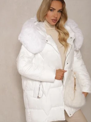 Biała Pudełkowa Kurtka Pikowana Ozdobiona Odpinanym Futerkiem i Suwakiem Hedizelle
