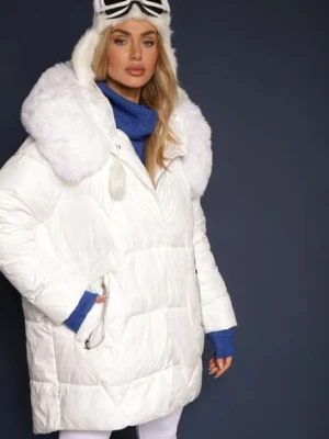 Biała Pudełkowa Kurtka Pikowana Ozdobiona Odpinanym Futerkiem i Suwakiem Hedizelle
